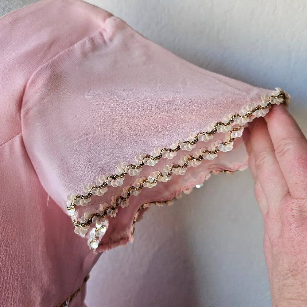 Vintage 60s 70s Light Pink Chiffon Princess Cocktail Evening Dress Gown L Large - Picture 4 of 14